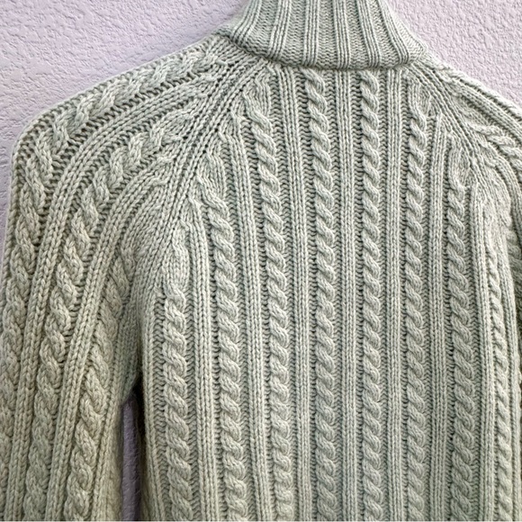 GAP Y2K Cable Knit Zip Up Sweater XS 100% Lambswool Sage Green Pom Pom Pockets - Picture 8 of 8